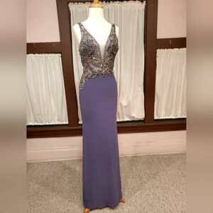 Dusty Blue Cut Out Back Beaded Gown
